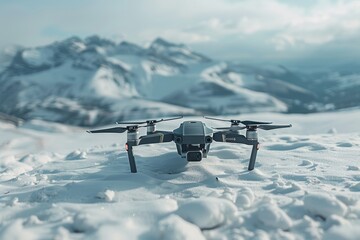 A drone is flying over a snowy mountain range