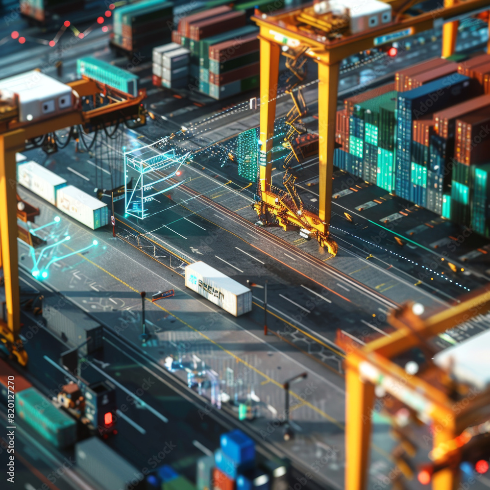 Poster a high-tech shipping port featuring automated systems and digital connectivity, showcasing modern lo
