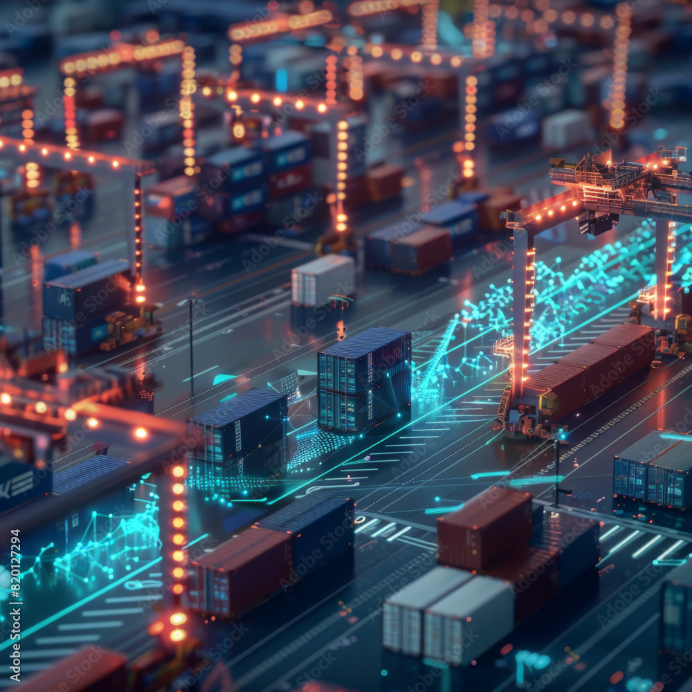Poster a futuristic smart port featuring automated container handling, showcasing advanced technology and e