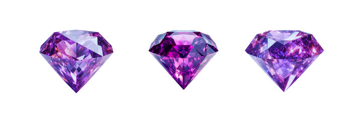 Set of three Purple color crystal diamond, isolated over on transparent white background