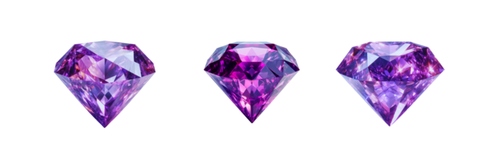 Set of three Purple color crystal diamond, isolated over on transparent white background