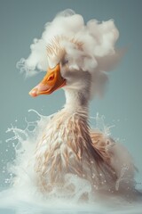 A duck with a fluffy white head is splashing in the water