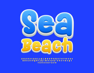 Vector funny flyer Sea Beach. Sunny Yellow Font. Playful Alphabet Letters and Numbers set.
