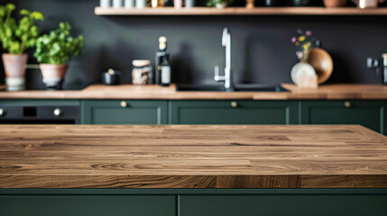 Wooden light empty countertop on the background of a modern green kitchen, kitchen panel with accessories in the interior. Scene showcase template for promotional items, banner, copy space