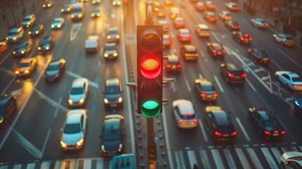 Traffic light changing from red to green at a busy urban intersection during rush hour, with cars and pedestrians waiting.