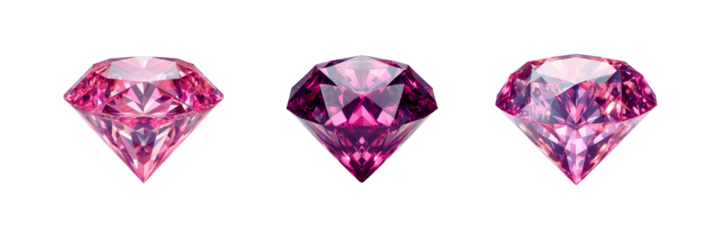Set of three pink color crystal diamond, isolated over on transparent white background