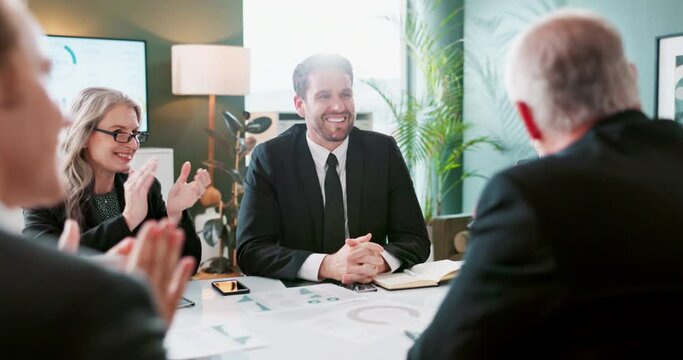 Business people, applause and handshake or celebration for welcome in boardroom with financial partnership or deal. Professional, employees and team with clapping hands for client onboarding or sales