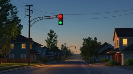 Traffic light positioned above a quiet suburban street, maintaining order in a peaceful neighborhood.