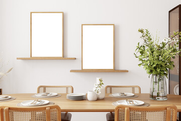 Two frame mockup in living room and boho style, 3d render