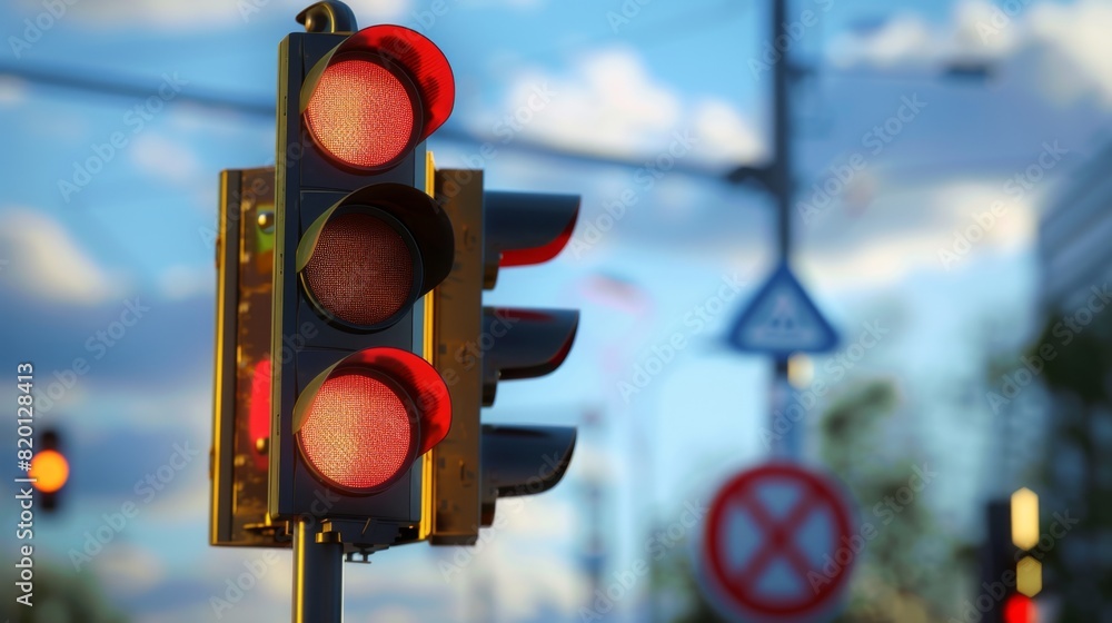 Poster traffic light with a no turn on red sign, indicating traffic rules and regulations at a busy corner.