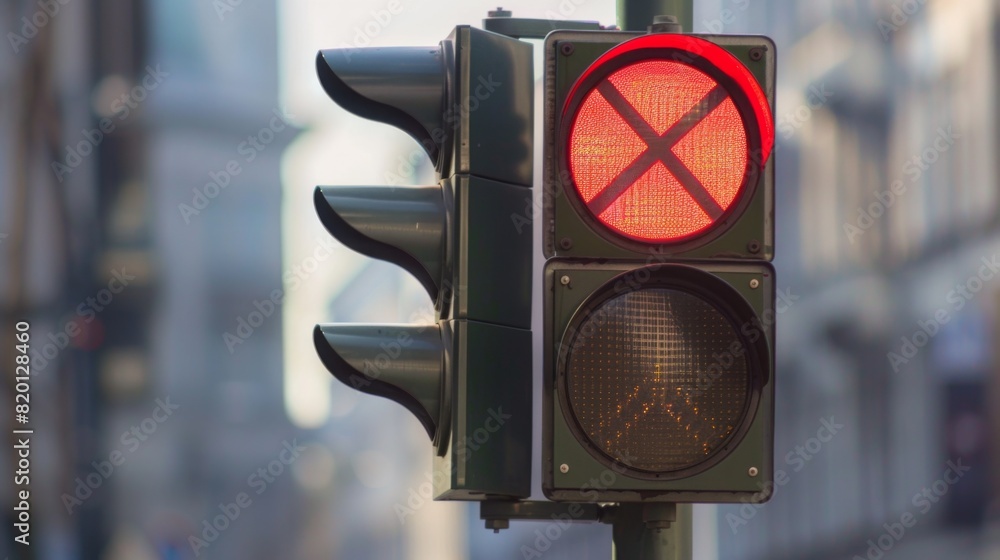 Poster Traffic light with a no turn on red sign, indicating traffic rules and regulations at a busy corner.