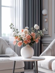 Design scandinavian interior of living room with flowers in vase and elegant personal accessories. AI Generated