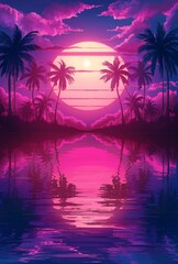 Surreal Neon Sunset Over Tropical Paradise with Palm Trees Wallpaper