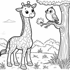 Cartoon Giraffe and Bird Coloring Page