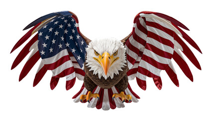 Bald eagle png with his wings spread flying, american flag colors on his wing, independence day concept, patriotic, isolated on white or transparent background