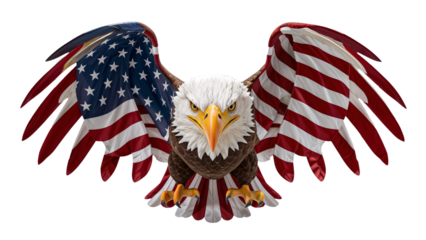 Bald eagle png with his wings spread flying, american flag colors on his wing, independence day concept, patriotic, isolated on white or transparent background