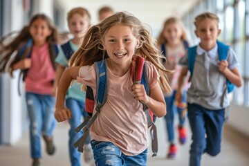 Obraz premium Happy school children running in the corridor of their elementary or high school
