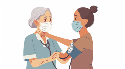 Illustration of cartoon-style blood pressure measurement on a patient.