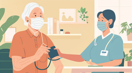 Illustration of cartoon-style blood pressure measurement on a patient.