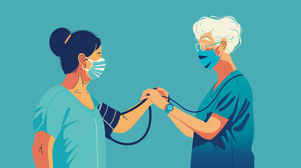 Illustration of cartoon-style blood pressure measurement on a patient.