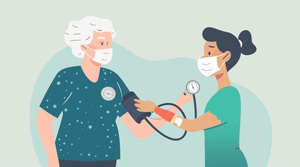 Illustration of cartoon-style blood pressure measurement on a patient.