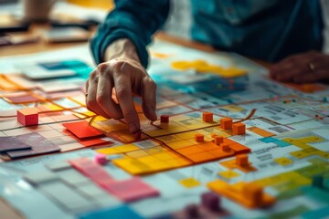 A hand moves a red block on a colorful board game.