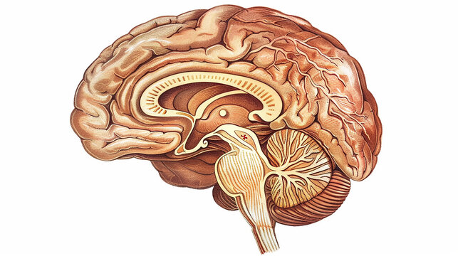 Illustration of a cross-section of a brain on a white background.