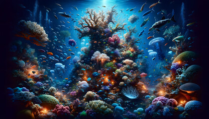Obraz premium Vibrant Coral Reef Teeming with Colorful Marine Life in Underwater Wonderland