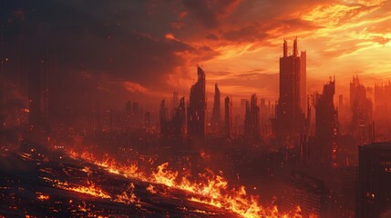 Fototapeta premium Big fire burning in the city at night.