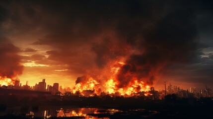 Big fire burning in the city at night.