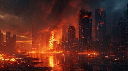 Obraz premium Big fire burning in the city at night.