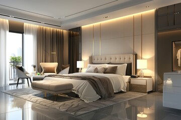 Fototapeta premium Luxury Suite. Modern Bedroom Suite in Hotel with Elegant Furniture and Bright Lighting