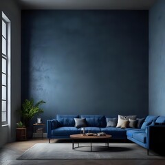 Modern classic loft, living room, interior, blue pattern wall background