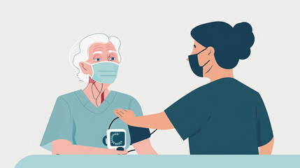 Illustration of cartoon-style blood pressure measurement on a patient.