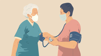 Illustration of cartoon-style blood pressure measurement on a patient.