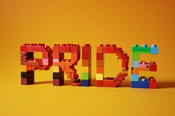 Isometric word "PRIDE" built from toy bricks
