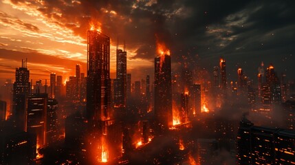 Fototapeta premium Big fire burning in the city at night.