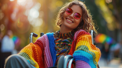 Happy Disabled Young Girl in Wheelchair with Colorful Sweater Celebrating at Pride Parade.