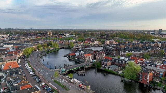 Aerial view on a small town Haarlem, Netherlands. Filming from the air with a drone at Dutch