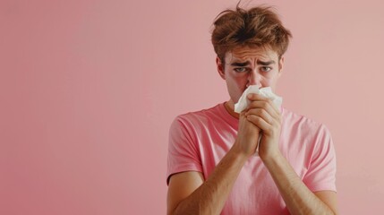 Man Blowing Nose into Tissue