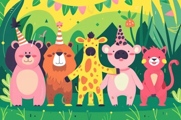 Naklejka premium Fun jungle party with giraffe, elephant, lion, zebra and monkey wearing party hats celebrating together in the wild