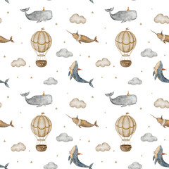 Seamless pattern vintage blue whales, narwhals, sperm whales, balloons, clouds, stars. Watercolor illustration hand-drawn in retro color for printing on textiles, fabric, packaging, wallpaper, clothes © Anastasia Brekhova