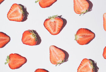 Fresh strawberries, fruit pattern on white background