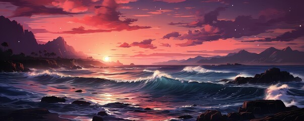 Ocean View during sunset flat design top view romantic evening theme animation Tetradic color scheme