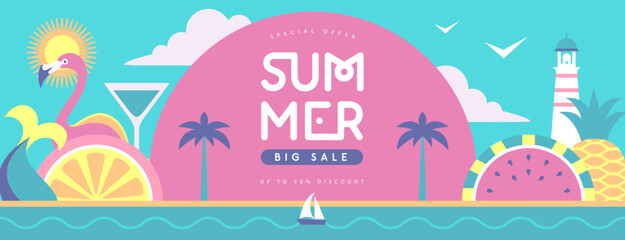 Retro flat summer big sale poster with flamingo, tropic fruits and mermaid tail. Vector illustration