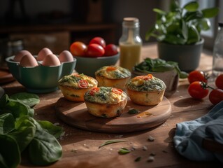 Beautifully Set Breakfast Table with Avocado Egg Muffins, Spinach, and Tomatoes