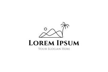 mountain logo with coconut tree and sun in linear design