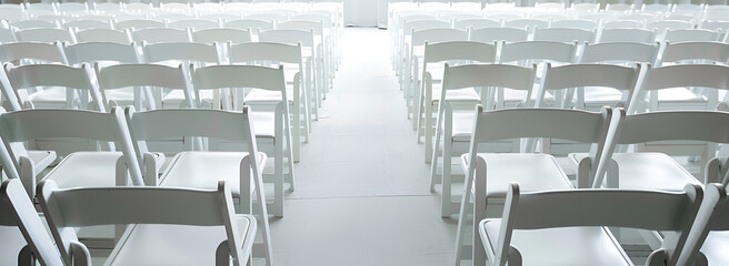 White Chairs Alignment in Space,Row of White Plastic Chairs