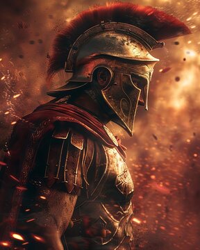 A spartan warrior stands tall and proud, his armor gleaming in the sunlight. He is ready to fight for his homeland and protect his people.