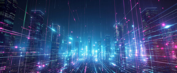 Futuristic cityscape with digital lines and glowing data technological progress and connectivity